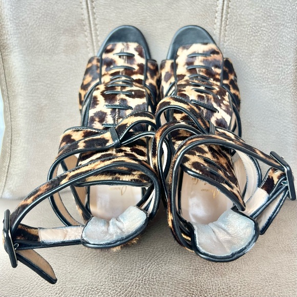 Christian loub Keny 120 Leopard Calf Hair Brown Black Gladiator Peep Toe 38 1/2 - Picture 9 of 16